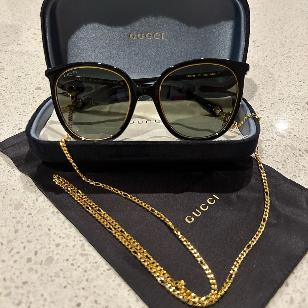 Gucci Black & Gold Round Sunglasses with Gold Chain